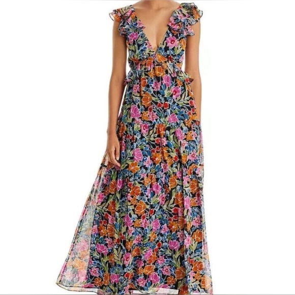 💥SALE💥New Aqua Bloomingdales Floral Chiffon Tiered Maxi Dress V Neck Ruffles M - Picture 13 of 13